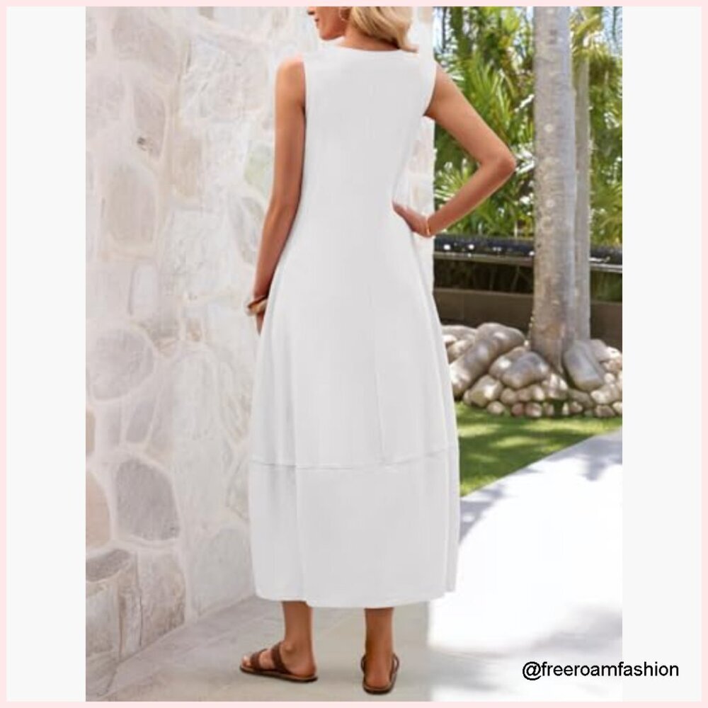 Summer Boho Maxi Dress Sleeveless Pleated Lace Hollow Out Beach Vacation - Picture 3 of 7
